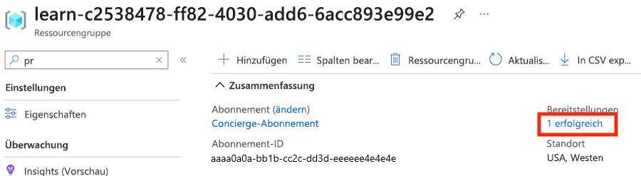 Screenshot des Übersichtsbereichs für Ressourcengruppen im Azure-Portal mit zusätzlichen Details zur erfolgreichen Bereitstellung.