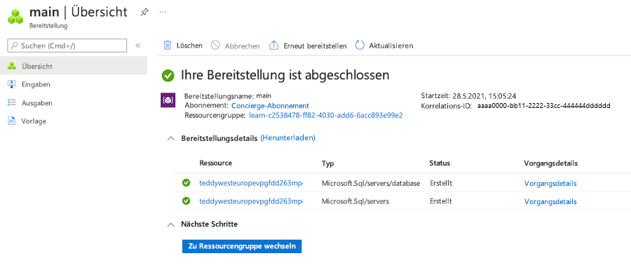 Screenshot des Übersichtsbereichs für Ressourcengruppen im Azure-Portal für die jeweilige Bereitstellung mit Auflistung eines logischen Servers und einer Datenbankressource.