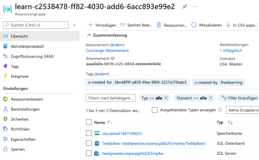 Screenshot des Übersichtsbereichs für Ressourcengruppen im Azure-Portal mit einem Abschnitt, der eine erfolgreiche Bereitstellung zeigt.