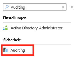 Screenshot der Azure-Portal-Oberfläche für den logischen Server mit dem Suchfeld mit Eingabe von „Überwachung“.