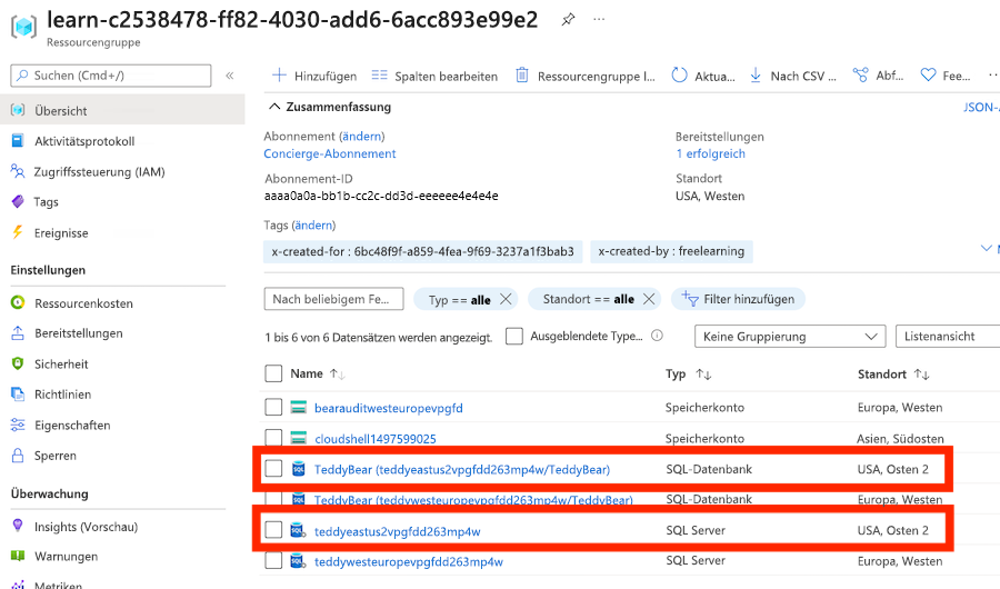 Screenshot of the Azure portal, showing the deployment of the logical servers and databases in various locations.