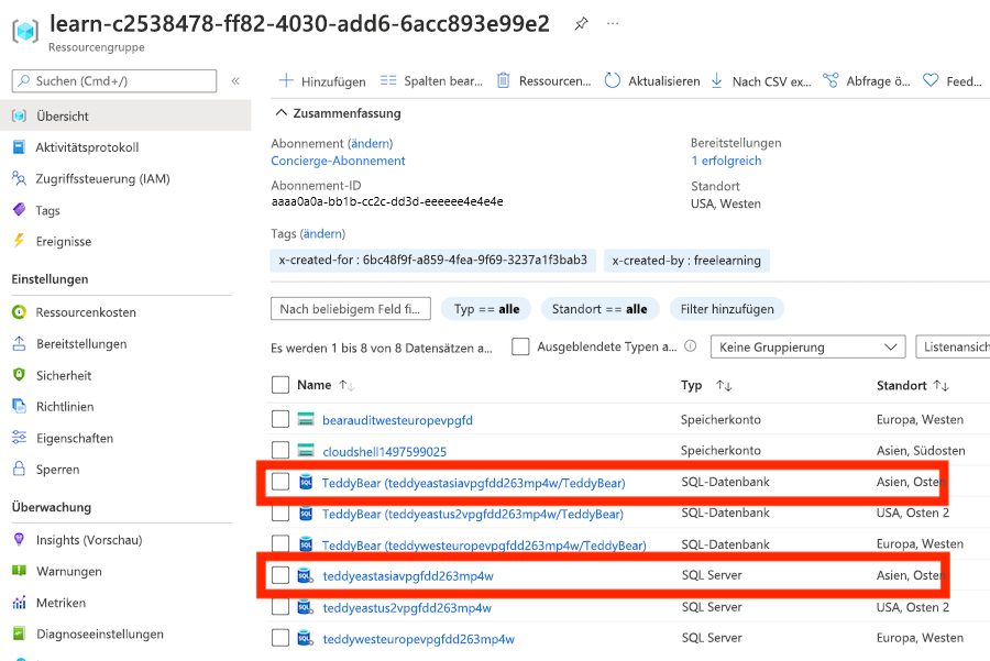 Screenshot of the Azure portal, showing the deployment of a logical server and database in an additional region.