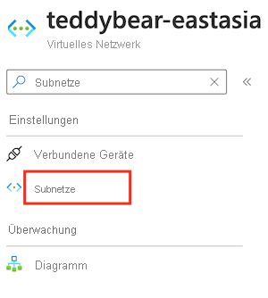 Screenshot der Azure-Portal-Oberfläche für das virtuelle Netzwerk mit dem Suchfeld mit Eingabe von „Subnetze“.