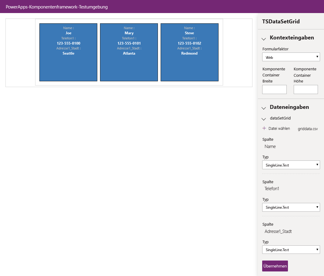 Screenshot von „CSV erfolgreich geladen“ und Komponentendatensätzen, die von Komponenten angezeigt werden