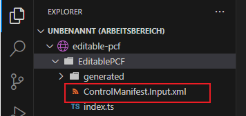 Screenshot der XML-Eingabedatei des Steuerelement-Manifests