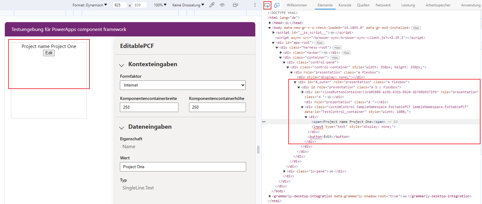 Screenshot der Auswahl eines Elements im Elementbedienfeld