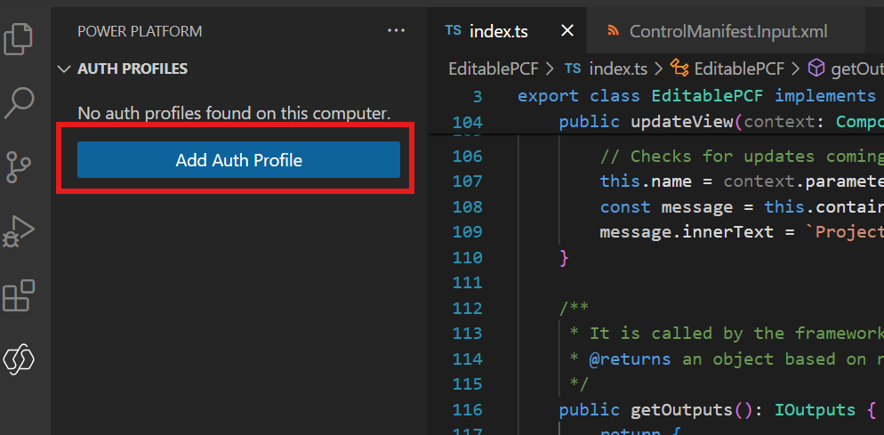 Screenshot von VSCode und der Schaltfläche „Authentifizierungsprofil hinzufügen“, wenn Sie in der linken Navigationsliste auf das Symbol Power Platform klicken.