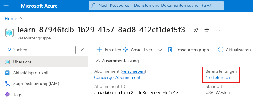 Screenshot des Azure-Portals mit der Übersicht über Ihre Ressourcengruppe. Im Abschnitt „Bereitstellungen“ wird angezeigt, dass eine Bereitstellung erfolgreich war.