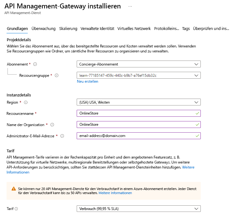 Screenshot: Einstellungen für einen API Management-Dienst