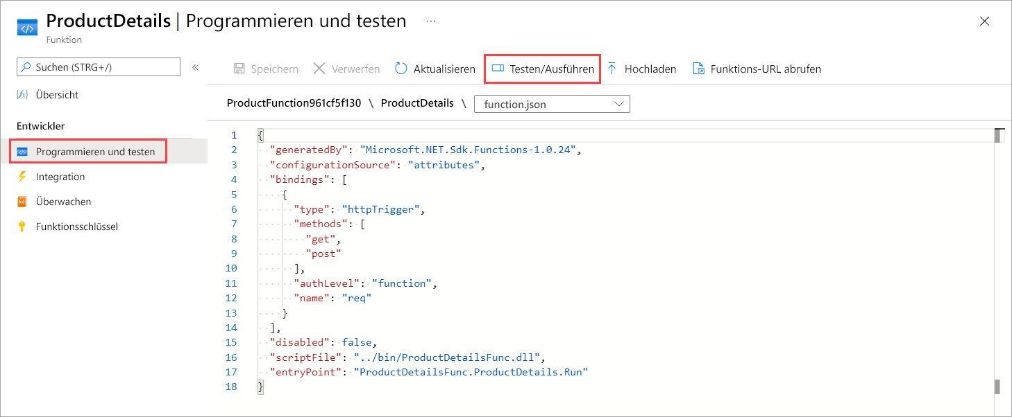 Screenshot: Der Bereich „Code + Test“ für die „ProductDetails“-Funktion, wobei „Test/Run“ (Testen/Ausführen) in der Befehlsleiste ausgewählt ist