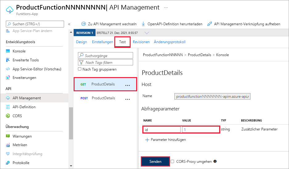 Screenshot: Die „ProductDetails“-Konsole mit hervorgehobenen Abfrageparameterwerten für die GET-HTTP-Anforderung