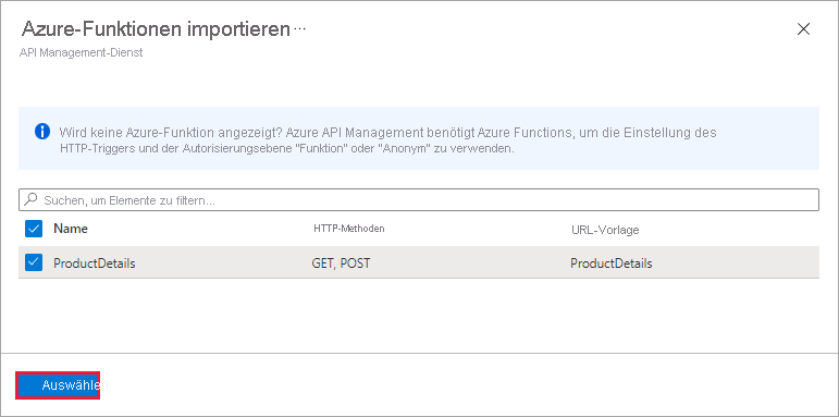 Screenshot: Der Bereich „Azure-Funktionen importieren“ des API Management-Diensts