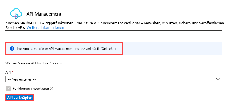 Screenshot: API Management mit hervorgehobener Schaltfläche „API verknüpfen“