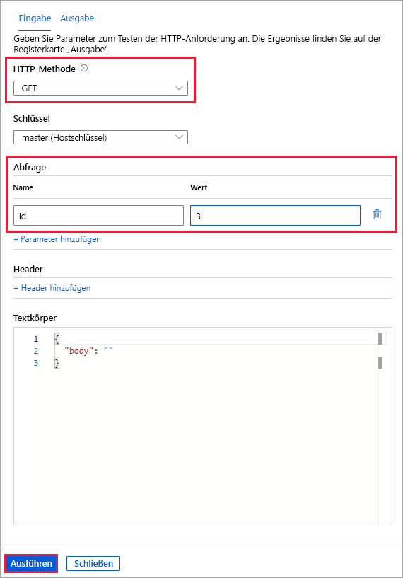 Screenshot: Der Eingabebereich für „Test + Run“ mit hervorgehobenem Eingabeparameter für die HTTP-GET-Methode