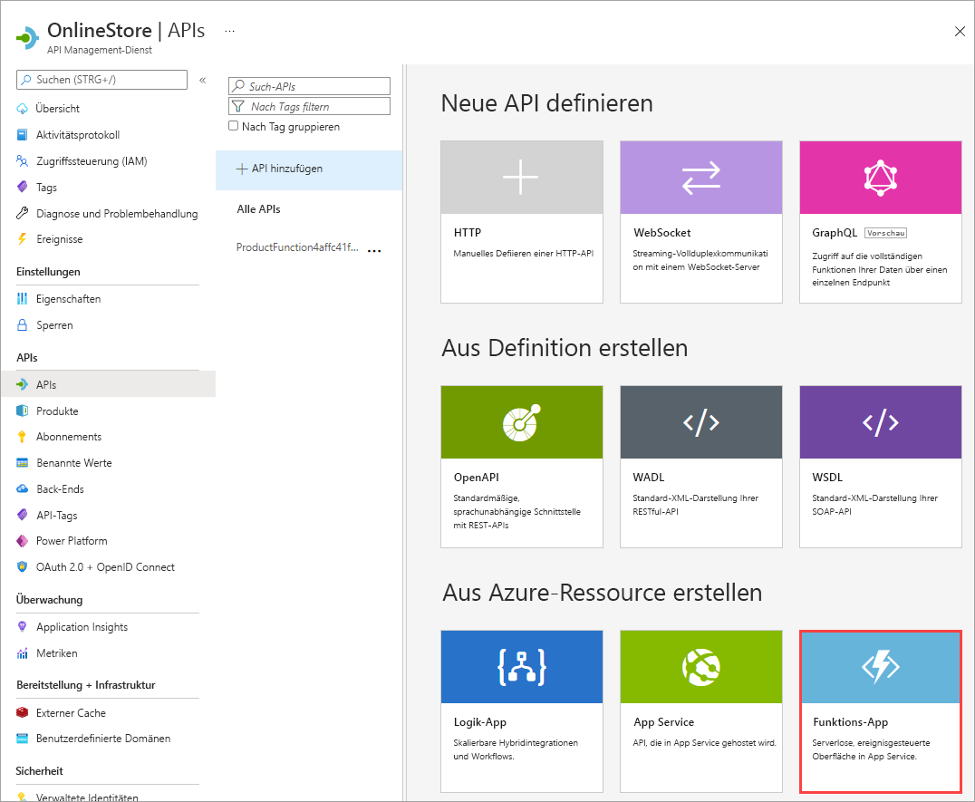 Screenshot: Anzeige zum Hinzufügen einer neuen API mit einer Legende, die die Option „Azure Funktions-App“ hervorhebt
