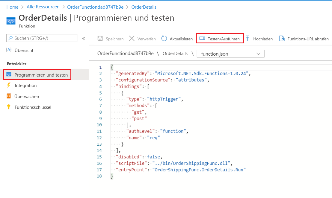 OrderDetails-JSON-Code, in dem „Code + Test“ im Menü und „Test/Run“ in der Befehlsleiste hervorgehoben sind