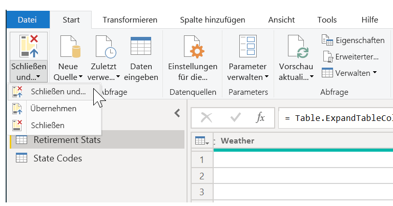 Schließen und Übernehmen von Dateneinstellungen