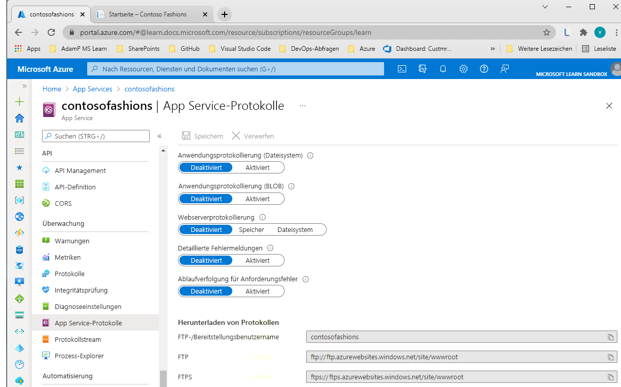 Screenshot: Bereich „Diagnoseprotokolle“ im Azure-Portal