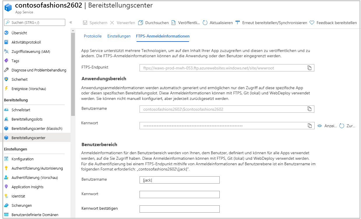 Screenshot: Der Bereich „Bereitstellungscenter“ im Menü „App Service“ mit der Registerkarte „FTPS credentials“