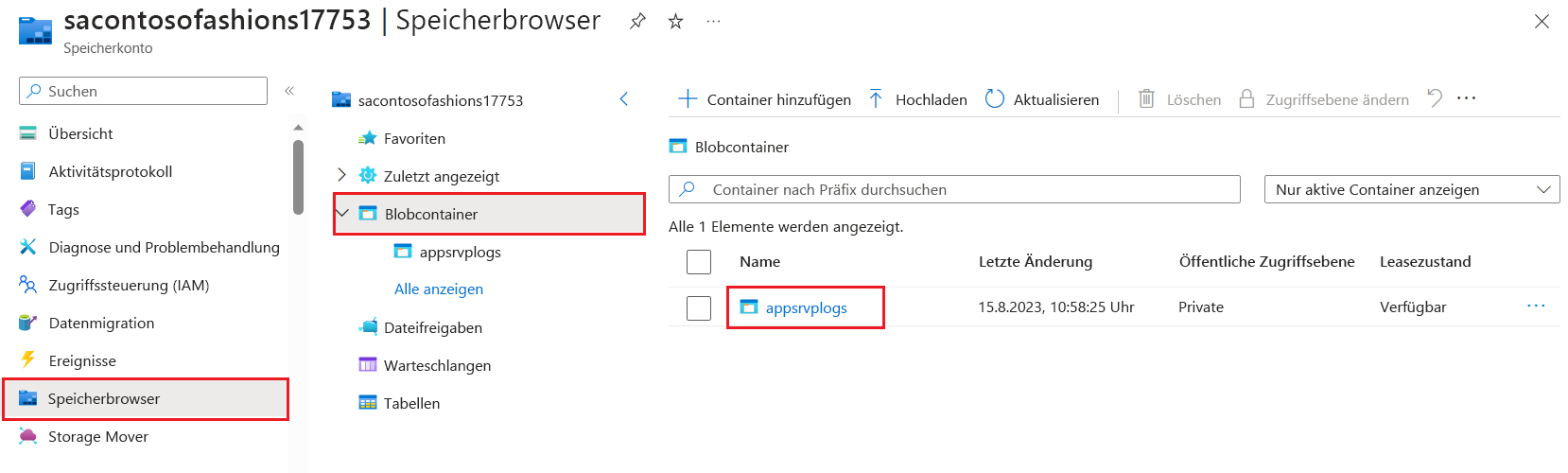 Screenshot: Speicherbrowser zum Herunterladen von Windows-App-Protokollen aus Blobcontainern