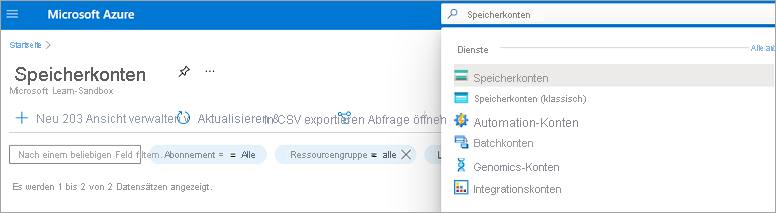 Screenshot: Suchergebnisse für die Speicherkontosuche.