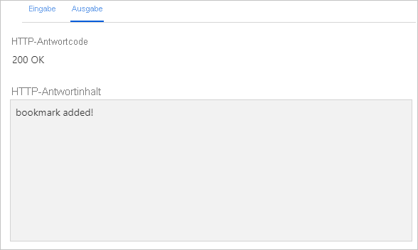 Screenshot der Registerkarte „Ausgabe“, die die Antwort „Lesezeichen hinzugefügt“ zeigt