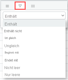 Screenshot der Dropdownliste für Zeichenfolgenoperatoren