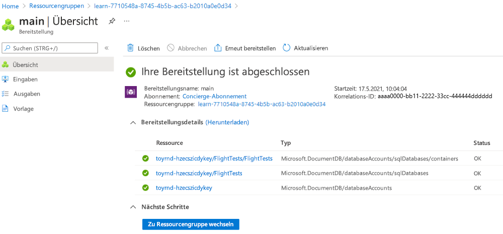 Screenshot des Azure-Portals für die Bereitstellung mit drei aufgelisteten Cosmos DB-Ressourcen