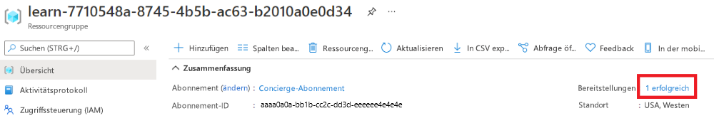 Screenshot des Azure-Portals mit der Übersicht über Ihre Ressourcengruppe. Im Abschnitt „Bereitstellungen“ wird angezeigt, dass eine Bereitstellung erfolgreich war.