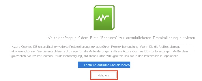 Screenshot of the Azure portal interface for the Azure Cosmos DB account showing Diagnostic settings page with prompt to enable full-text query.