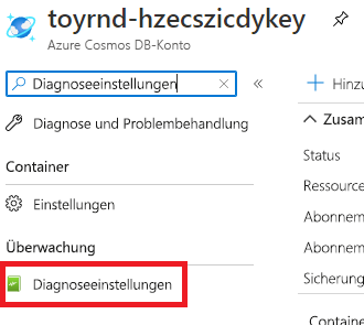 Screenshot of the Azure portal interface for the Azure Cosmos DB account, showing the search field with 'Diagnostic settings' entered and the 'Diagnostic settings' menu item highlighted.