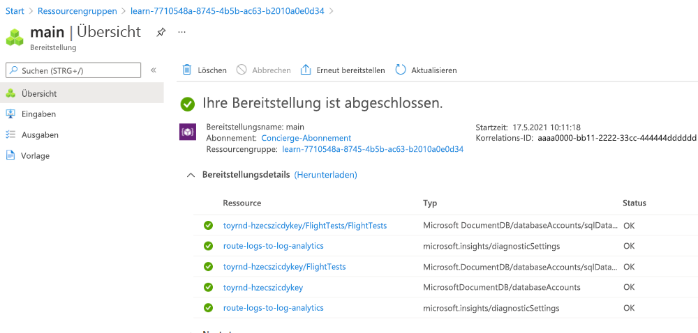 Screenshot of the Azure portal interface for the specific deployment, with the Azure Cosmos DB resources as well as two resources with type Microsoft.Insights/diagnosticSettings.