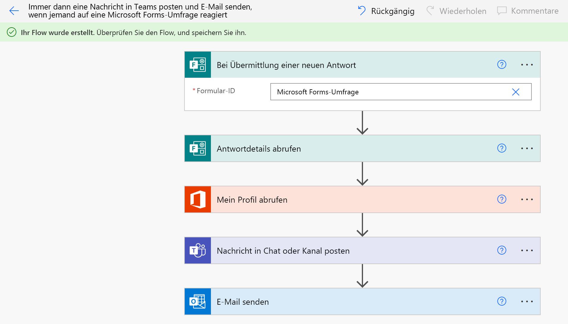 Screenshot: Microsoft Power Automate-Designer mit einem Workflow mit einem Dateitrigger, einer Office-Aktion zum Abrufen des Profils eines Benutzers und einer Outlook-Aktion zum Senden einer E-Mail