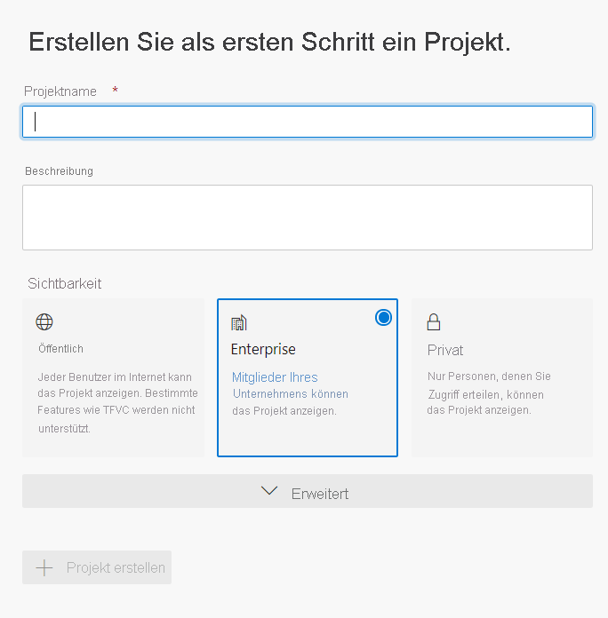 Screenshot that shows the prompt to create a project.