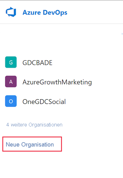 Screenshot showing how to create a new organization in Azure DevOps.