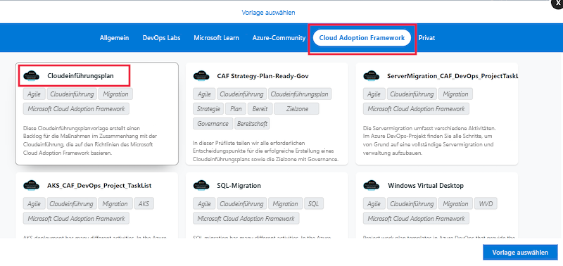 Screenshot that shows how to select the chosen template.