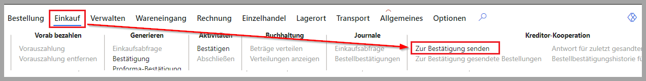 Screenshot der Registerkarte „Einkaufen“ im Aktionsbereich und der Schaltfläche „Zur Bestätigung senden“