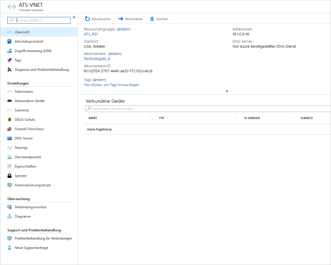 Screenshot of the Azure portal showing an example pane for configuring a virtual network.