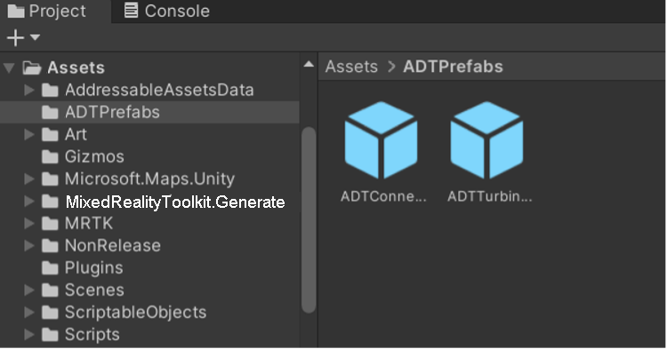 Screenshot der ADT-Prefab-Objekte im Unity-Projektpanel