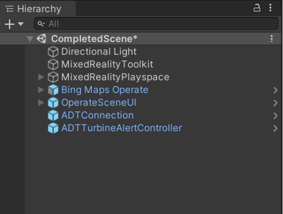 Screenshot der ADT-Prefab-Objekte, die dem Unity-Hierarchiepanel hinzugefügt wurden