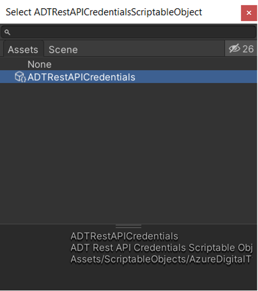 Screenshot des skriptfähigen ADT-Rest-API-Anmeldeinformationenobjekt im Unity-Ressourcenordner.