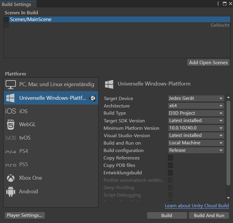 Screenshot: Fenster „Unity-Buildeinstellungen“ mit hervorgehobener Hauptszene und Optionen für die Universelle Windows-Plattform