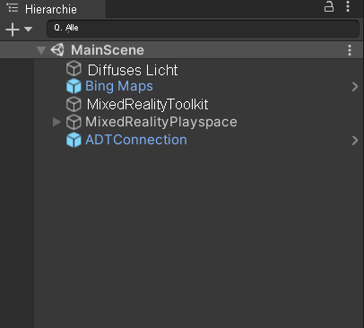 Screenshot der Unity-Hierarchie mit hervorgehobener Hauptszene