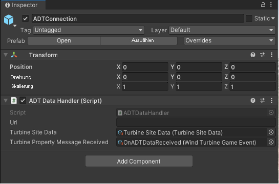 Screenshot des Unity-Inspektors mit ausgewähltem Prefab „ADT Turbine Alert Controller“