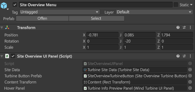 Screenshot des Unity-Editors mit dem „Operate Scene UI“-Prefab, das in der Hauptszene ausgeführt wird. Das UI-Prefab ist näher am Gelände.