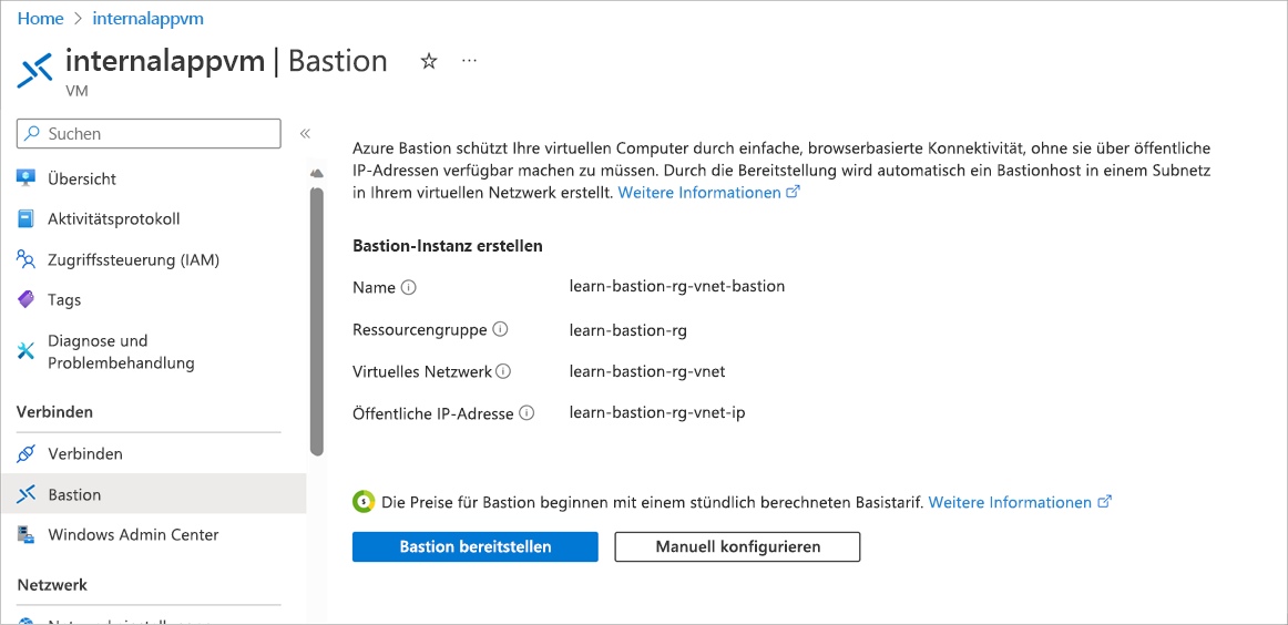 Screenshot: Seite „Verbinden“ und die Registerkarte „Bastion“ mit der Schaltfläche „Azure Bastion mit Standardwerten erstellen“