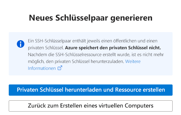 Screenshot des Fensters „Neues Schlüsselpaar generieren“ mit hervorgehobener Schaltfläche zum Herunterladen des privaten Schlüssels.