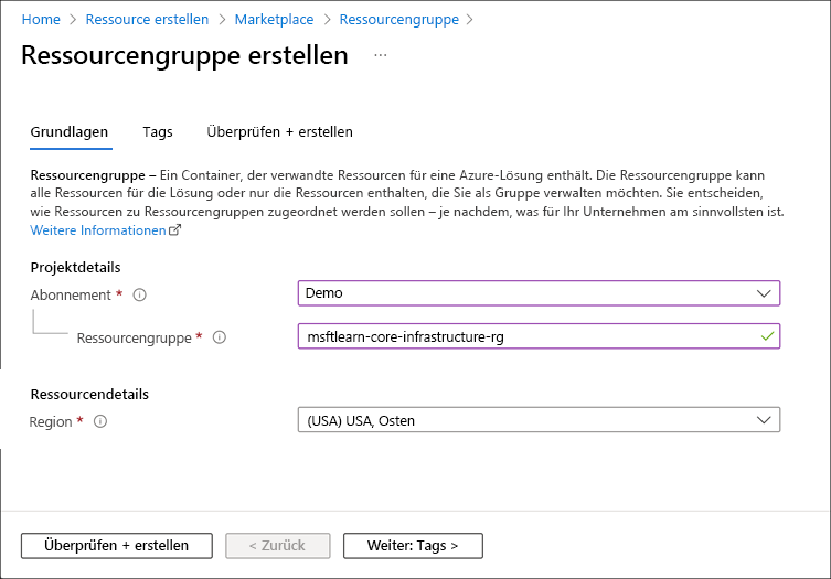 Screenshot of Azure portal showing the resource group creation with subscription, resource group, and region entered.