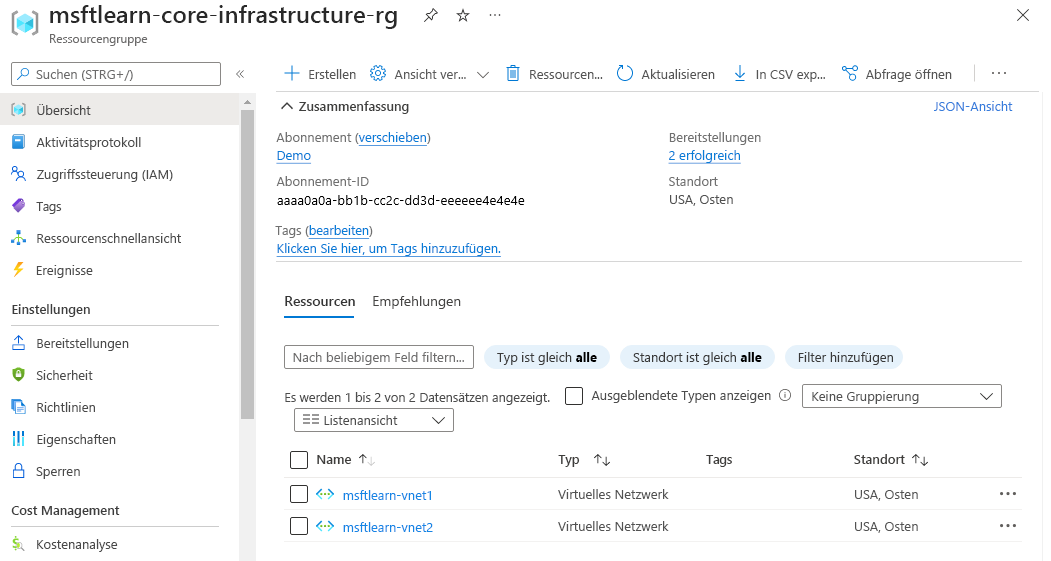 Screenshot of Azure portal showing resource group overview containing two virtual network resources.