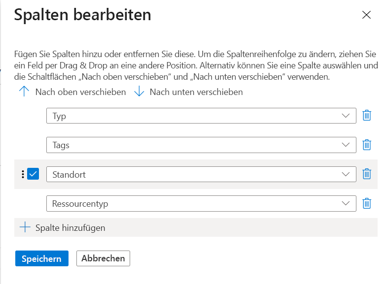 Screenshot: Azure-Portal mit dem Dialogfeld zum Bearbeiten von Spalten, in dem links verfügbare Spalten und rechts ausgewählte Spalten angezeigt werden